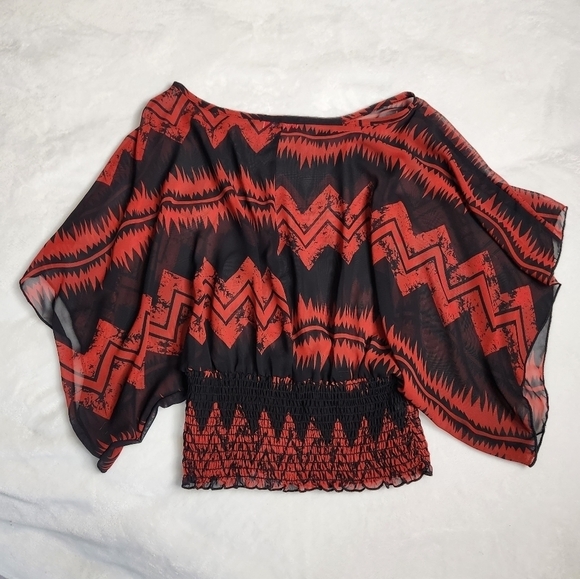 Vivace Blouse Womens M Black and Red Semi Sheer Batwing Sleeve - Picture 4 of 7